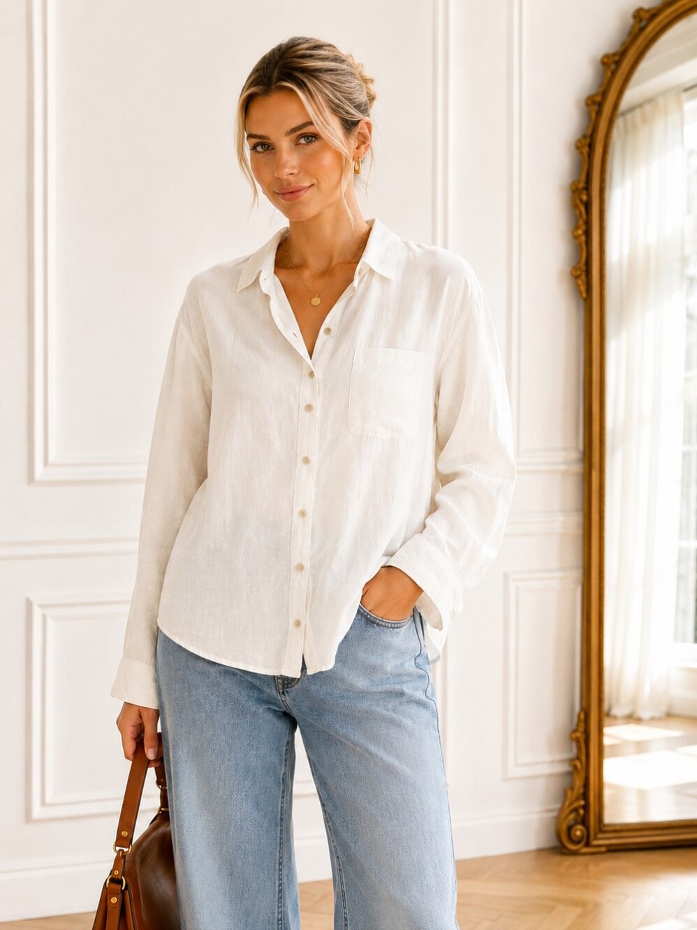 Candace Cameron Bure Linen Blend Button-Front Blouse Size Large | White Coastal